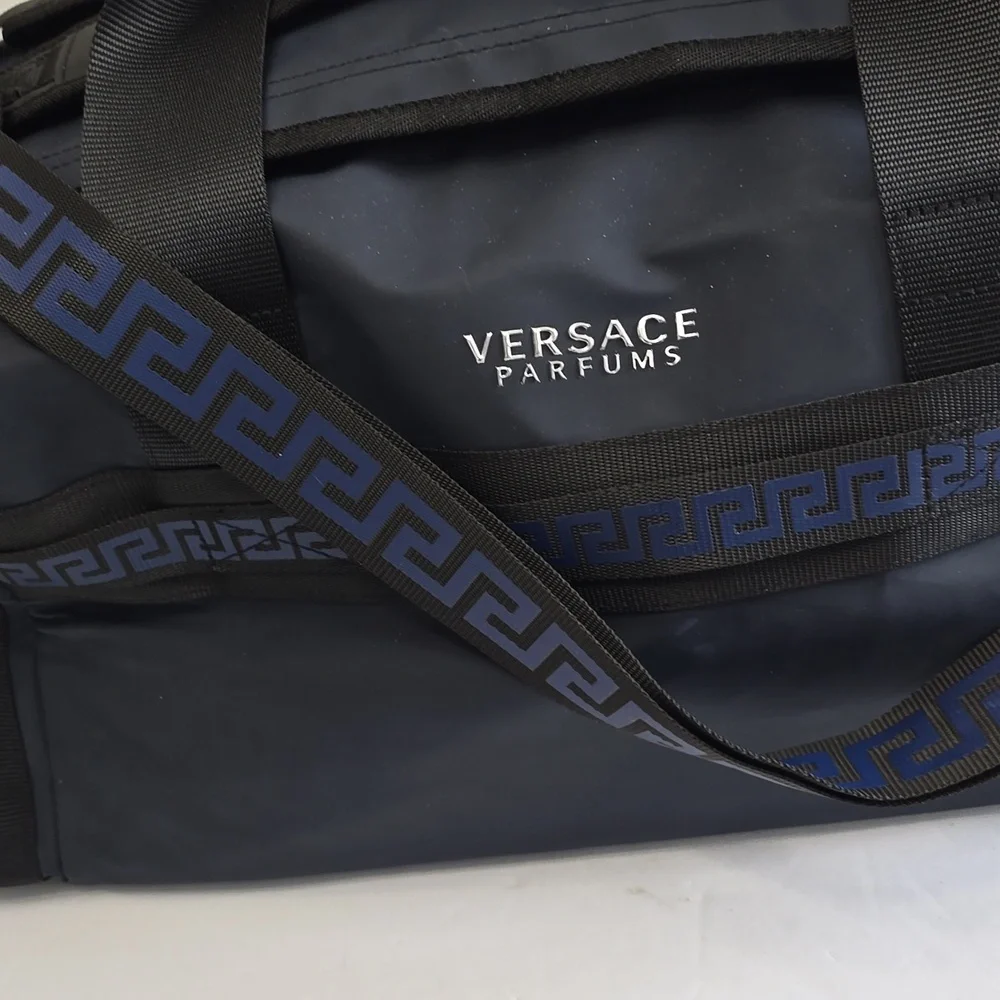 NWOT Versace Parfums Limited Edition Weekend Duffle Gym Bag Backpack Dark Blue